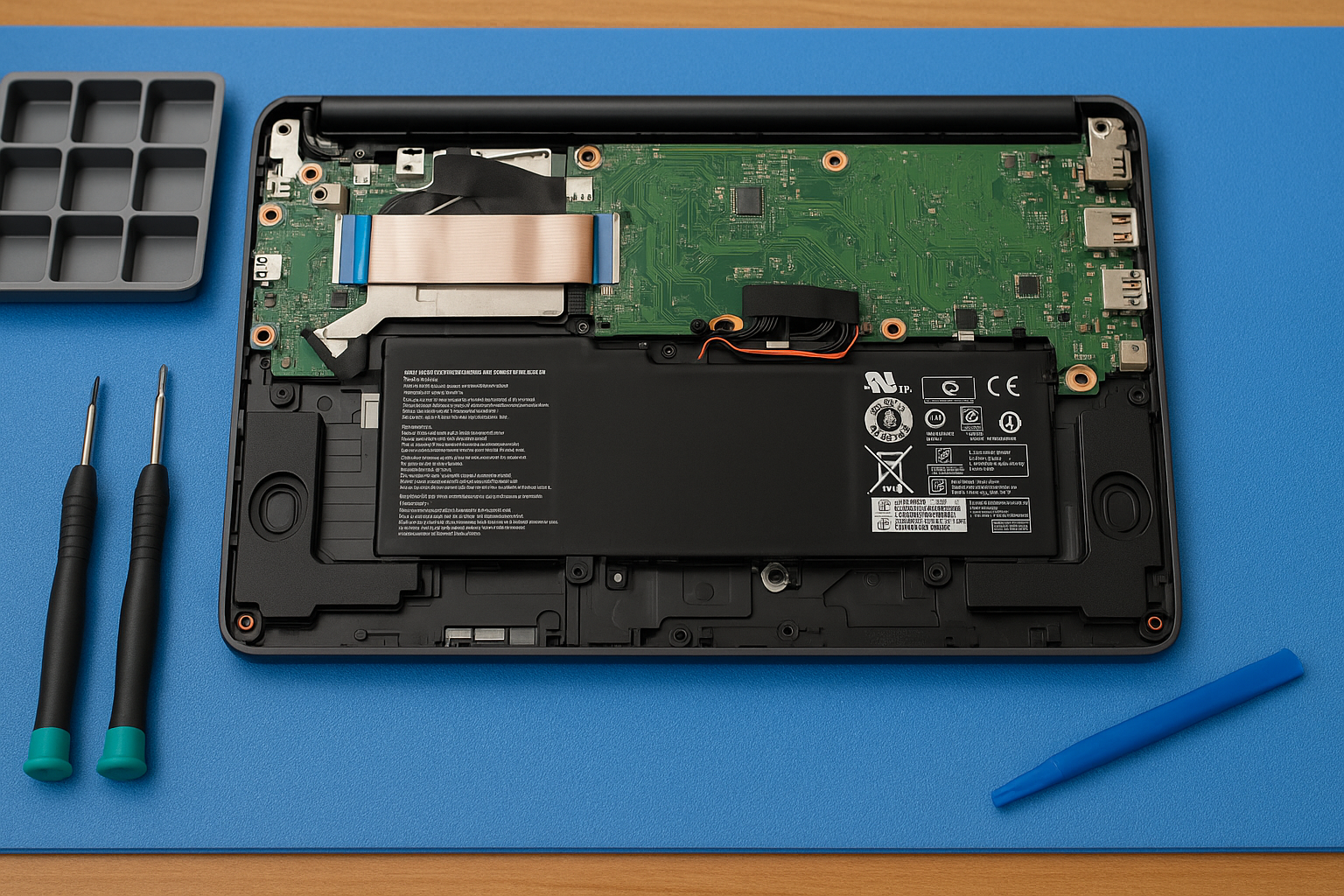 An image of a Chromebook being repaired